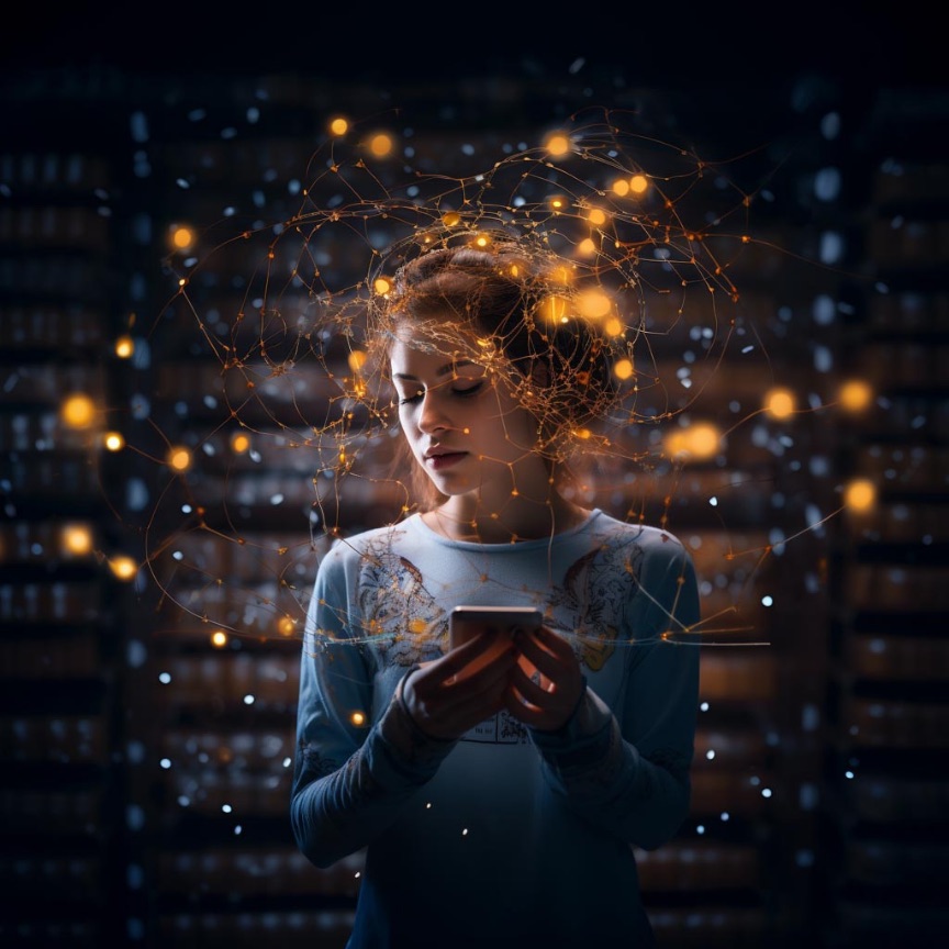 A person holding a phone surrounded by a glowing digital network