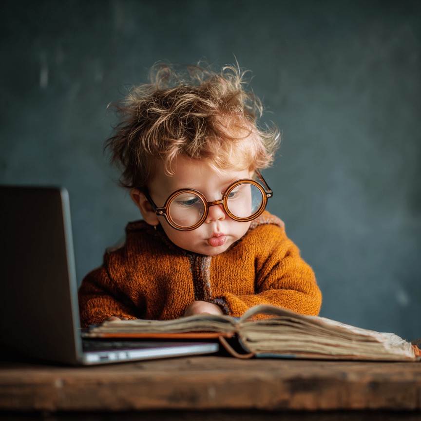 A child in round glasses studying beside a laptop